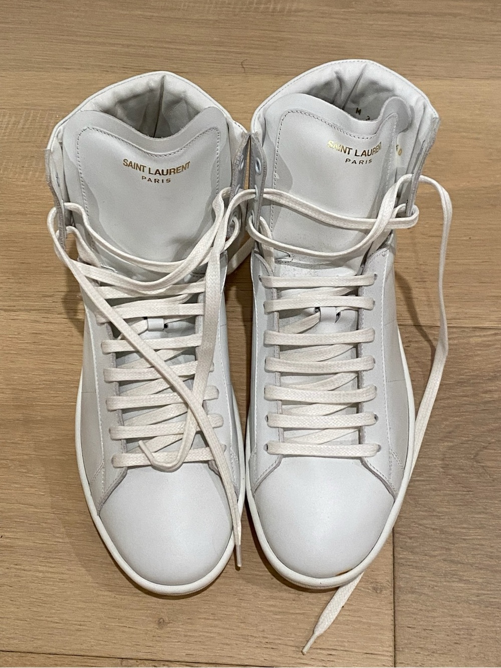NEW Saint Laurent White SL01H High-Top Leather Sneakers with Gold Logo